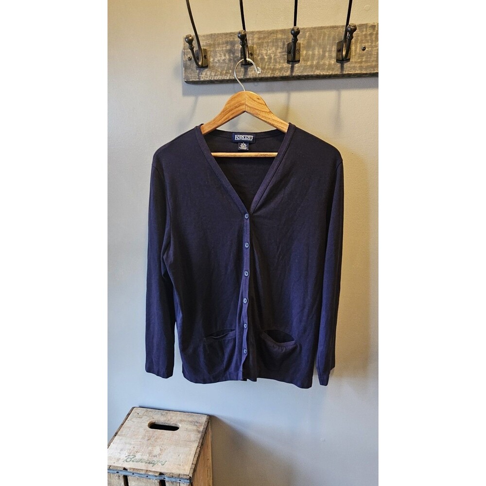 Lands End Navy Button Up Cardigan Large 14-16 Classic Sweater Cotton
